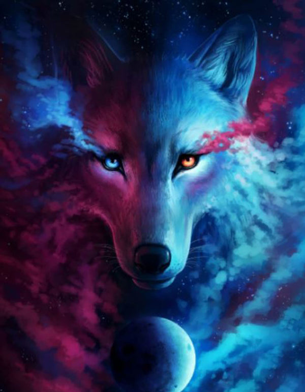 Diamond Painting eines Wolfskopfes, der zur Hälfte blau und zur Hälfte pink leuchtet, mit verschiedenfarbigen Augen. 