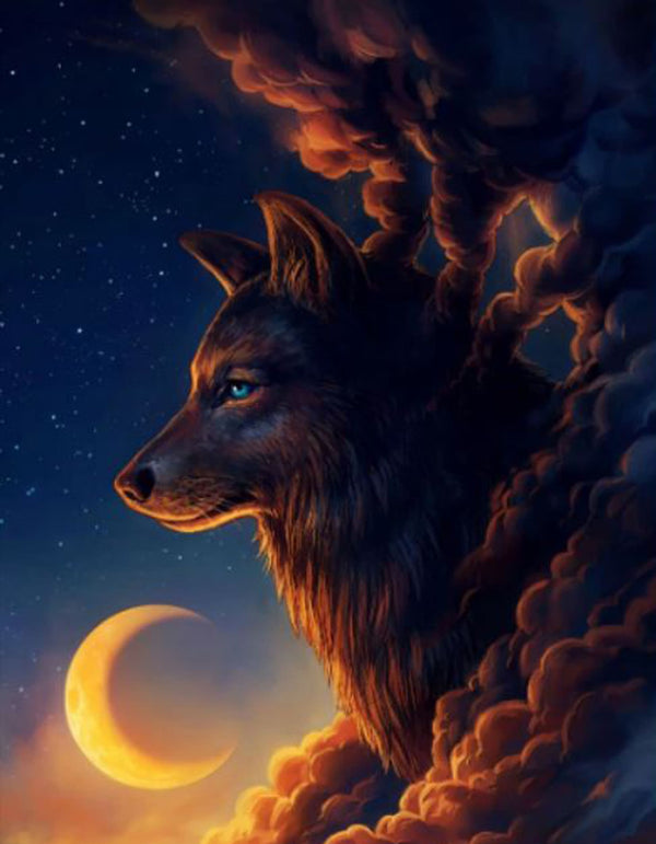 Diamond Painting eines Wolfskopfes im Profil vor einem Sichelmond und orangefarbenen Wolken. 
