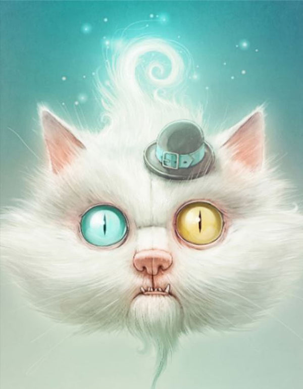 Diamond Painting einer weißen Katze mit Zylinder und unterschiedlich gefärbten Augen.
