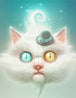 Diamond Painting einer weißen Katze mit Zylinder und unterschiedlich gefärbten Augen.
