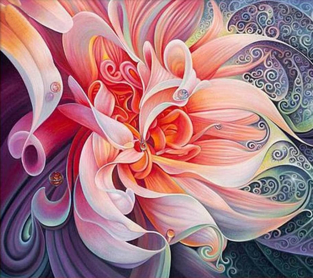 Diamond Painting einer abstrakten Blume in Pfirsichfarben mit Wassertropfen und Ornamenten im Hintergrund. 
