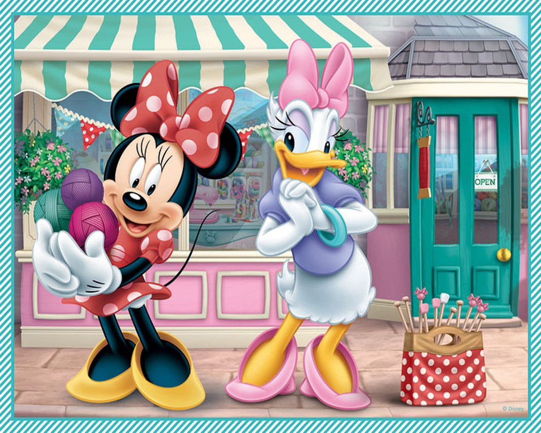 Diamond Painting von Minnie Maus mit Wolle und Daisy Duck vor einer Boutique in Pink und Türkis. 

