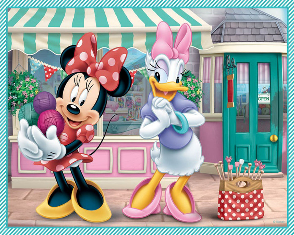 Diamond Painting von Minnie Maus mit Wolle und Daisy Duck vor einer Boutique in Pink und Türkis. 
