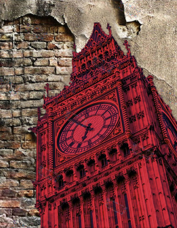 Diamond Painting des roten Big Ben vor einer alten Backsteinmauer

