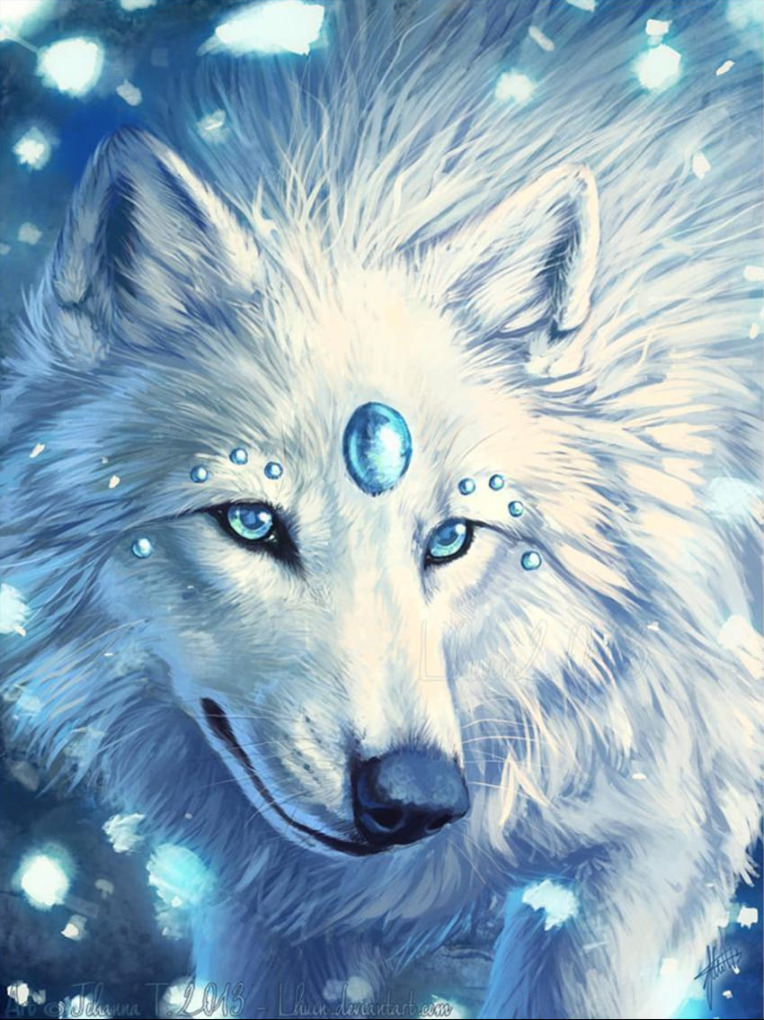 Diamond Painting eines weißen Wolfes mit blauen Augen und blauen Edelsteinen auf der Stirn im Schnee.