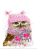 Diamond Painting einer Eule mit rosa Strickmütze und passendem Schal mit zwei pinken Herzen im Aquarell-Stil.