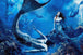 Diamond Painting einer Gruppe von Meerjungfrauen und Meermännern in einer tiefblauen Unterwasserwelt mit Fischen.