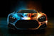 Diamond Painting einer Sportwagenfront, die halb in blauen Galaxien und halb in feurigem Orange dargestellt ist.