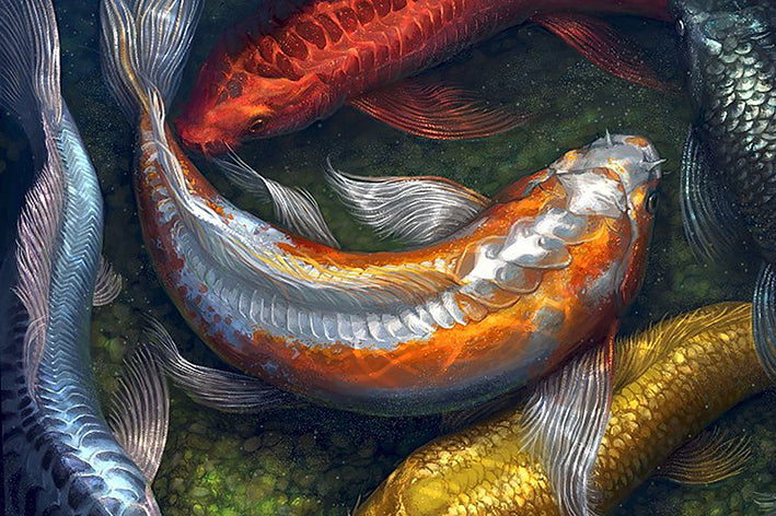 Diamond Painting von mehreren Koi-Fischen in Rot, Gold und Silber, die in dunklem Wasser schwimmen.