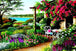 Diamond Painting mit blühender Gartenlaube, weißem Stuhl und Meerblick.