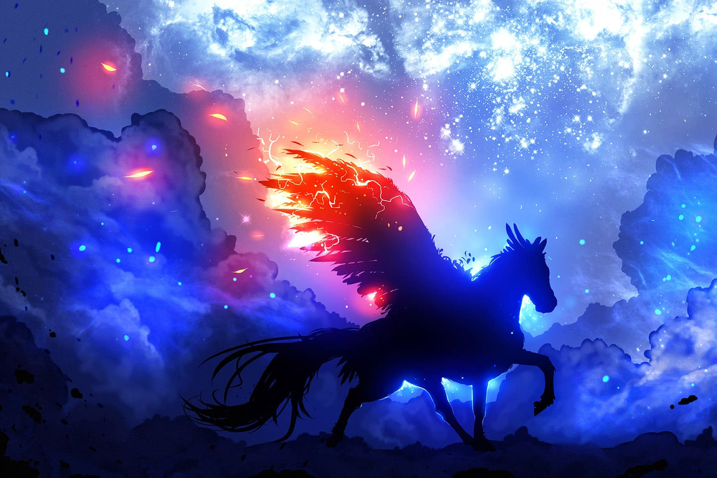 Diamond Painting mit schwarzem Pegasus vor blauem Sternenhimmel und Feuerlicht.
