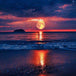 Diamond Painting eines goldenen Vollmonds über dem Meer bei Nacht mit glitzernden Sternen am lila Himmel.