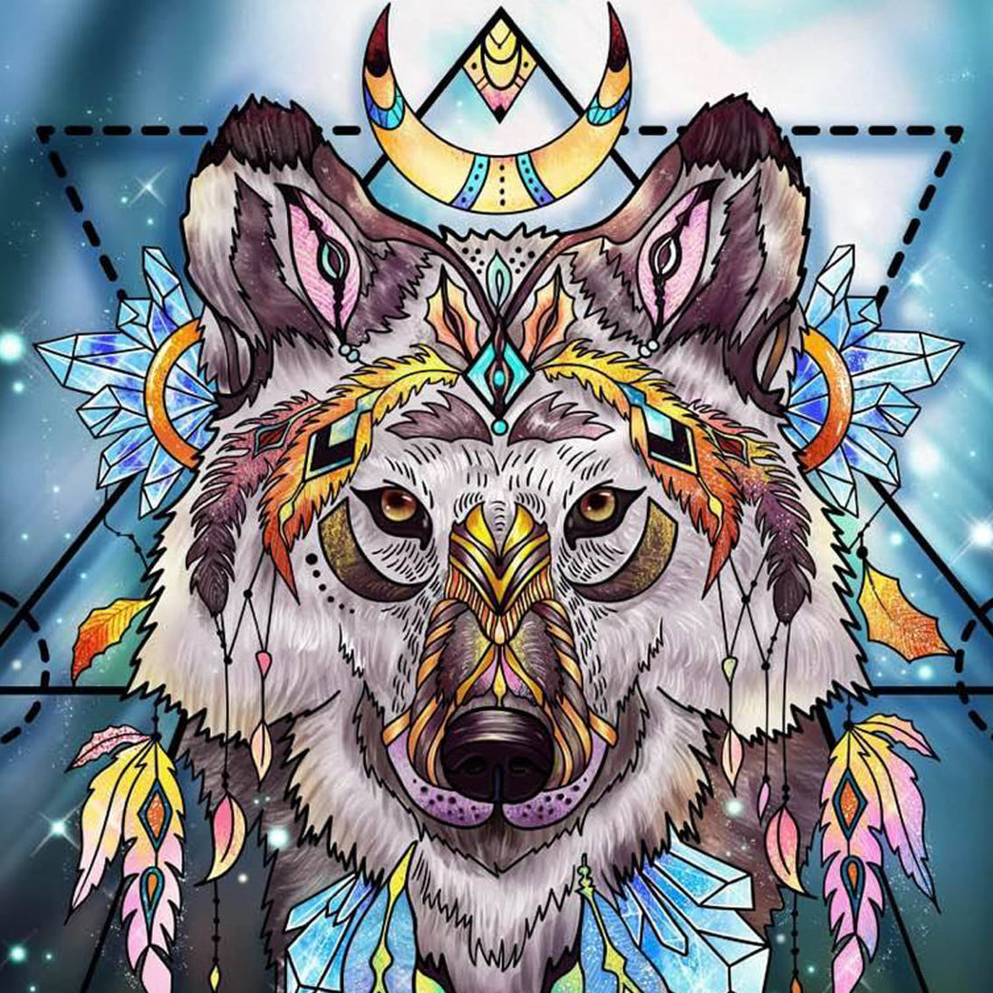 Diamond Painting eines Wolfskopfes mit indigenem Federschmuck, Kristallen und einer Mondsichel im Grafik-Stil.