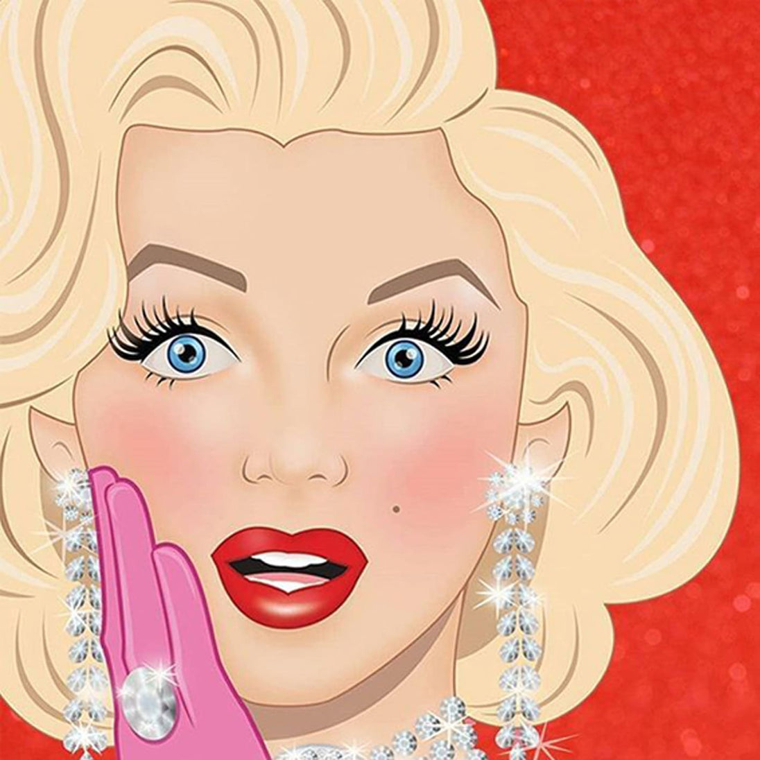 Diamond Painting eines Frauenporträts mit blonden Haaren, roten Lippen und großen glitzernden Diamantohrringen.