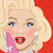 Diamond Painting eines Frauenporträts mit blonden Haaren, roten Lippen und großen glitzernden Diamantohrringen.