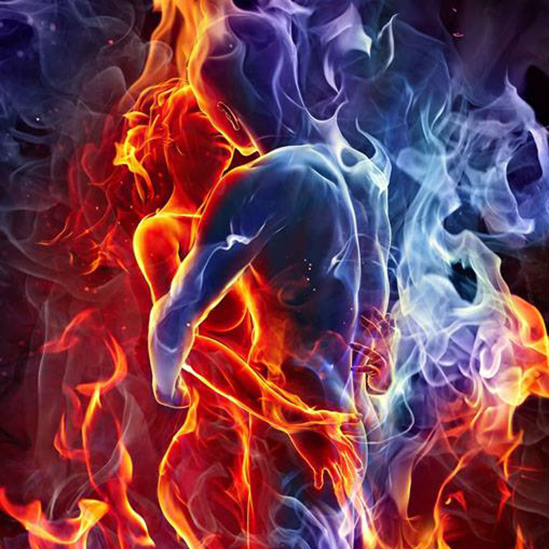 Diamond Painting von zwei umschlungenen Gestalten aus Feuer und blauem Rauch auf schwarzem Hintergrund.