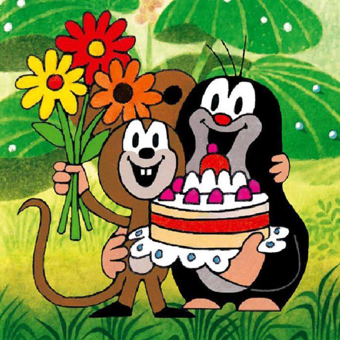 Diamond Painting vom kleinen Maulwurf und der Maus mit einer Torte und einem bunten Blumenstrauß.
