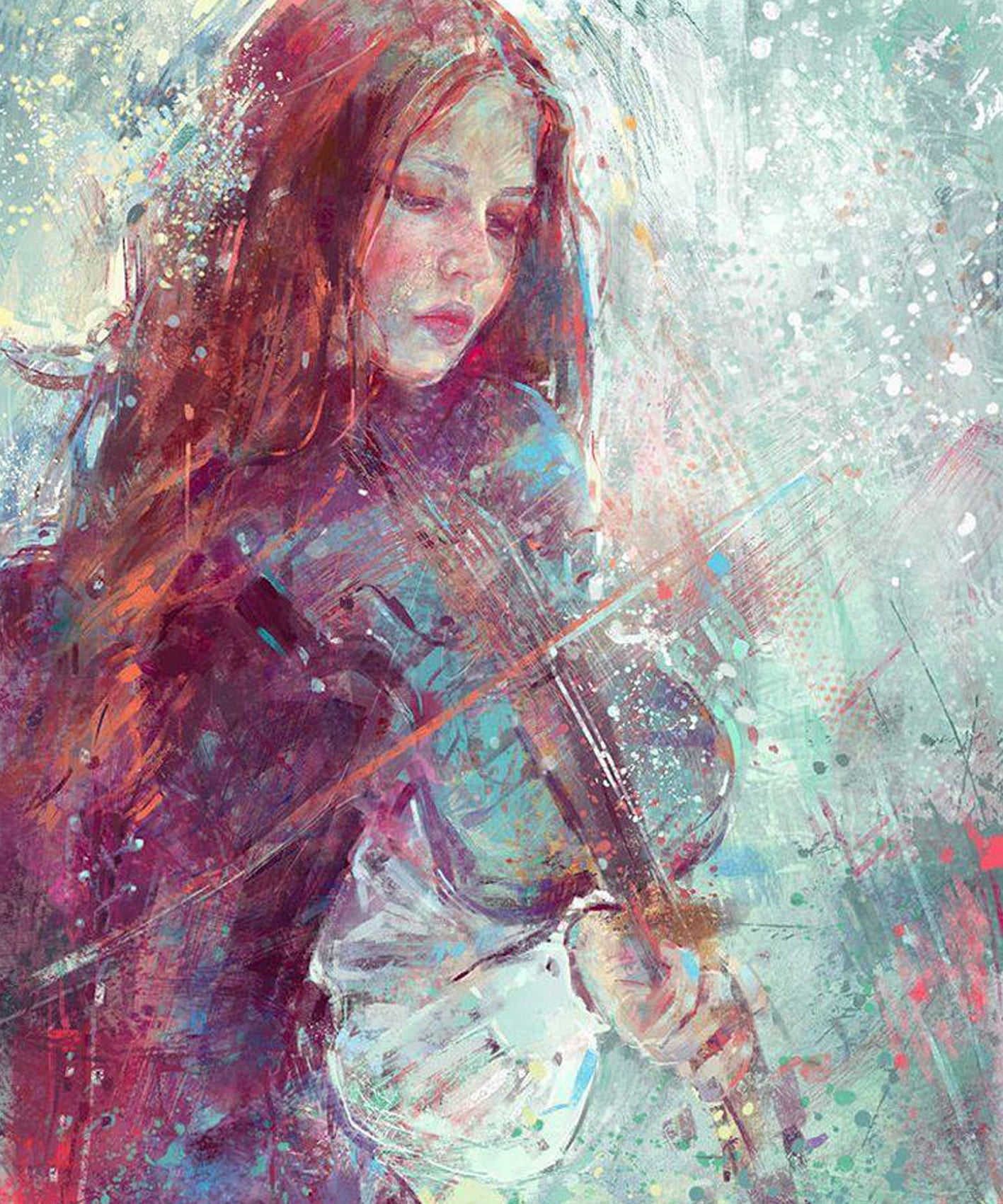 Diamond Painting eines Frauenporträts mit Violine im abstrakten Aquarell-Stil mit bunten Farbspritzern.