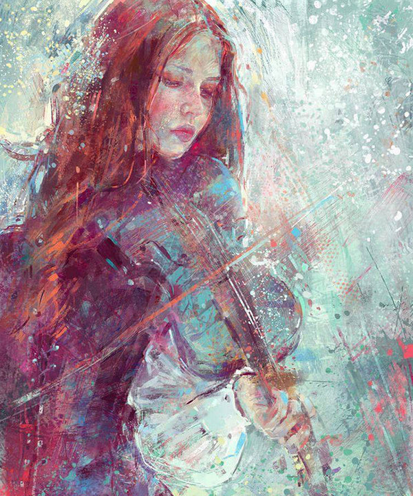 Diamond Painting eines Frauenporträts mit Violine im abstrakten Aquarell-Stil mit bunten Farbspritzern.