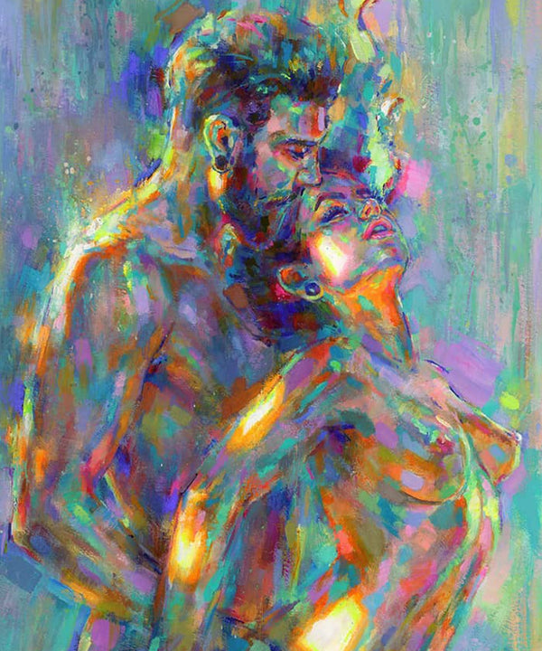 Diamond Painting eines Paares in einer innigen Umarmung im abstrakten, bunten Farbstil auf hellem Grund.