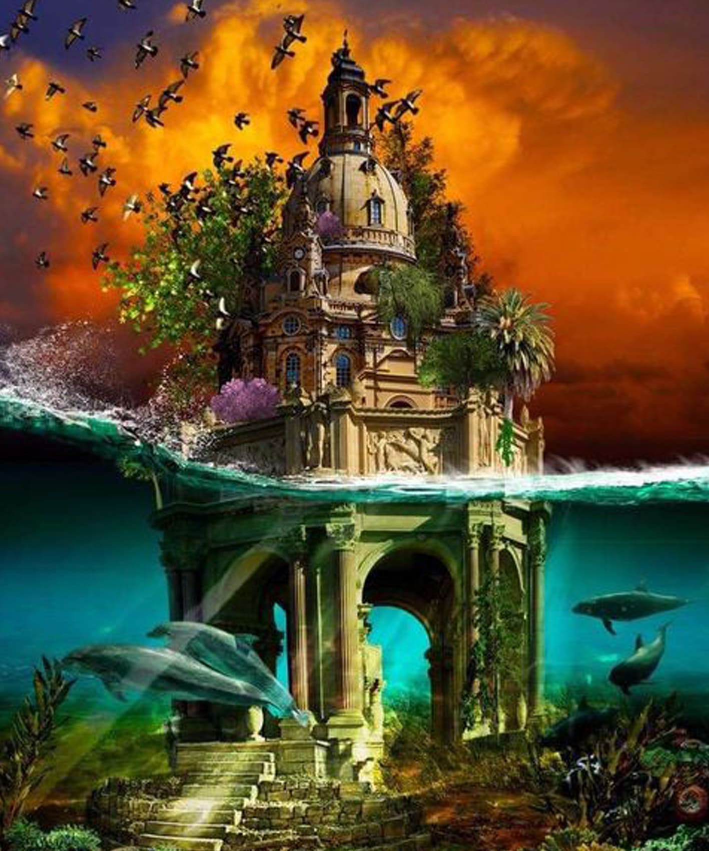 Diamond Painting einer Insel mit Kirche, die halb über und halb unter Wasser mit Delfinen dargestellt ist.
