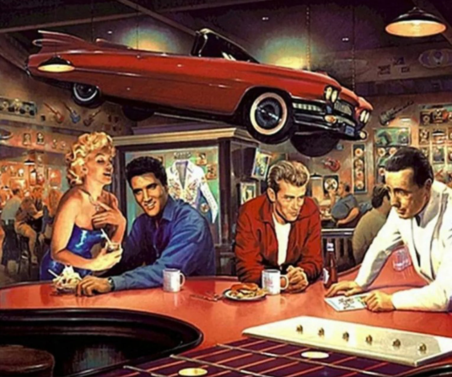 Diamond Painting einer Bar-Szene mit Hollywood-Stars wie Marilyn Monroe und Elvis Presley unter einem roten Auto.
