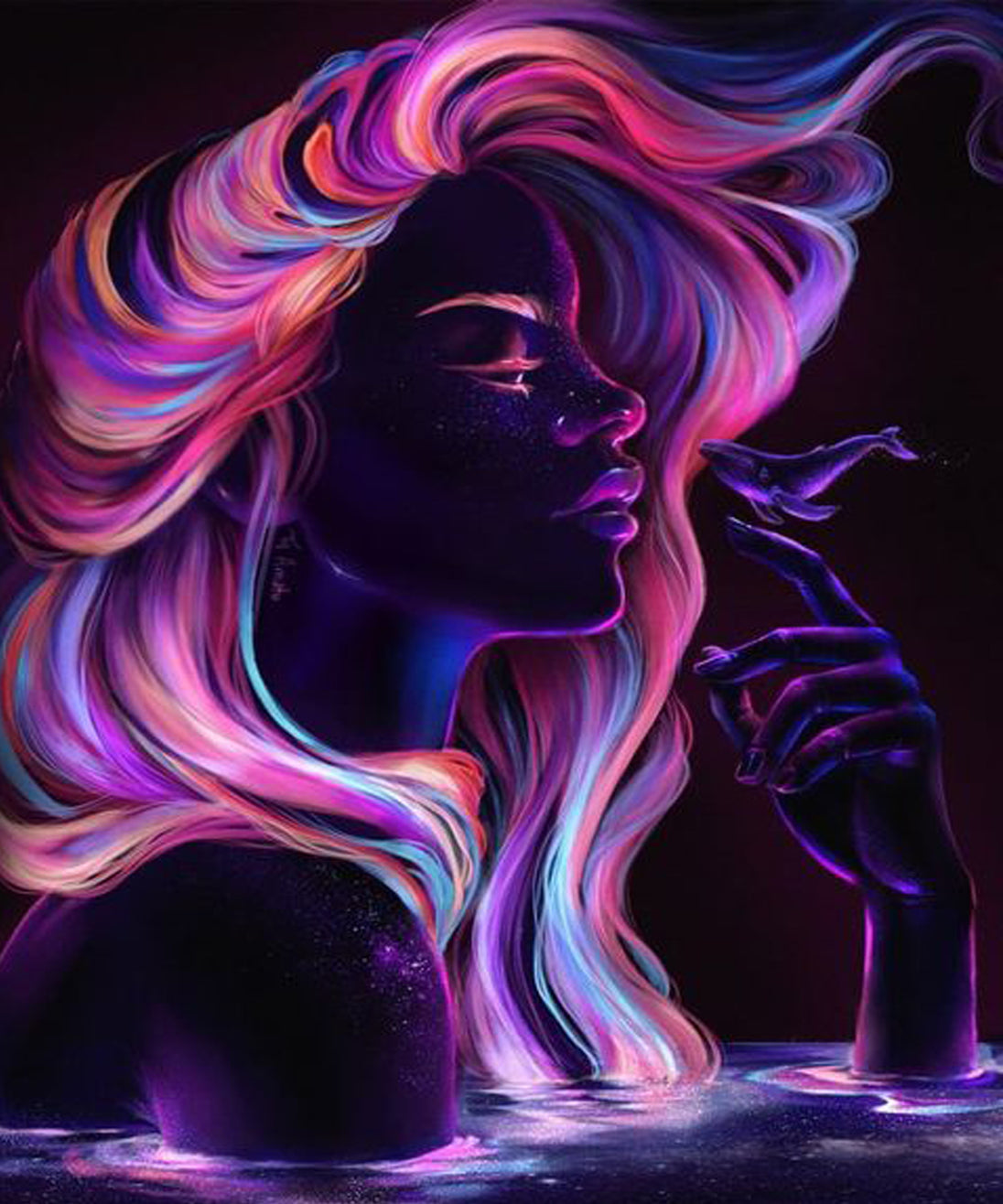 Diamond Painting mit dunkler Frauensilhouette und leuchtendem Neonhaar.