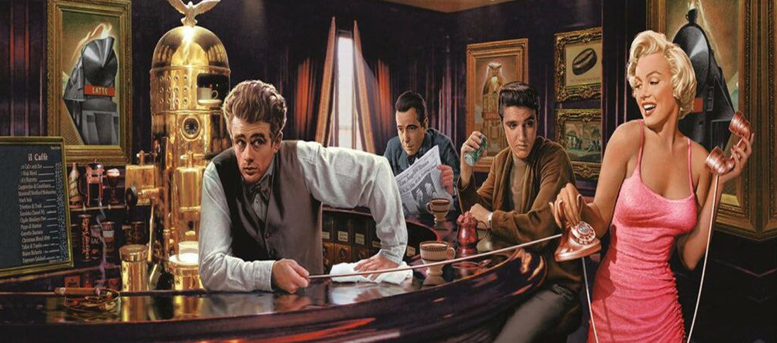 Buntes Diamond Painting von Marilyn Monroe am Telefon mit James Dean und Elvis in einer goldenen Kaffeebar.