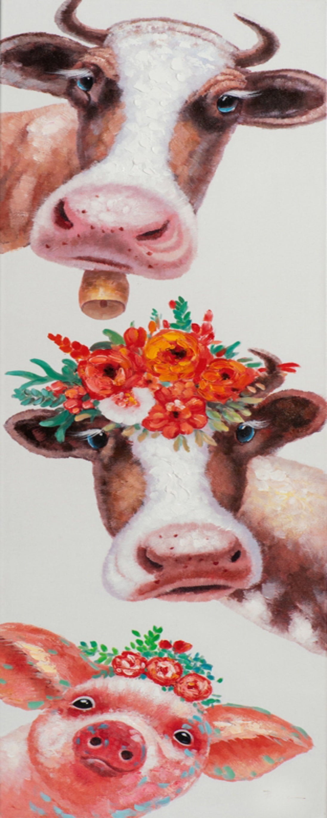 Diamond Painting von zwei Kühen und einem Schwein mit bunten Blumenkränzen auf dem Kopf im Hochformat.