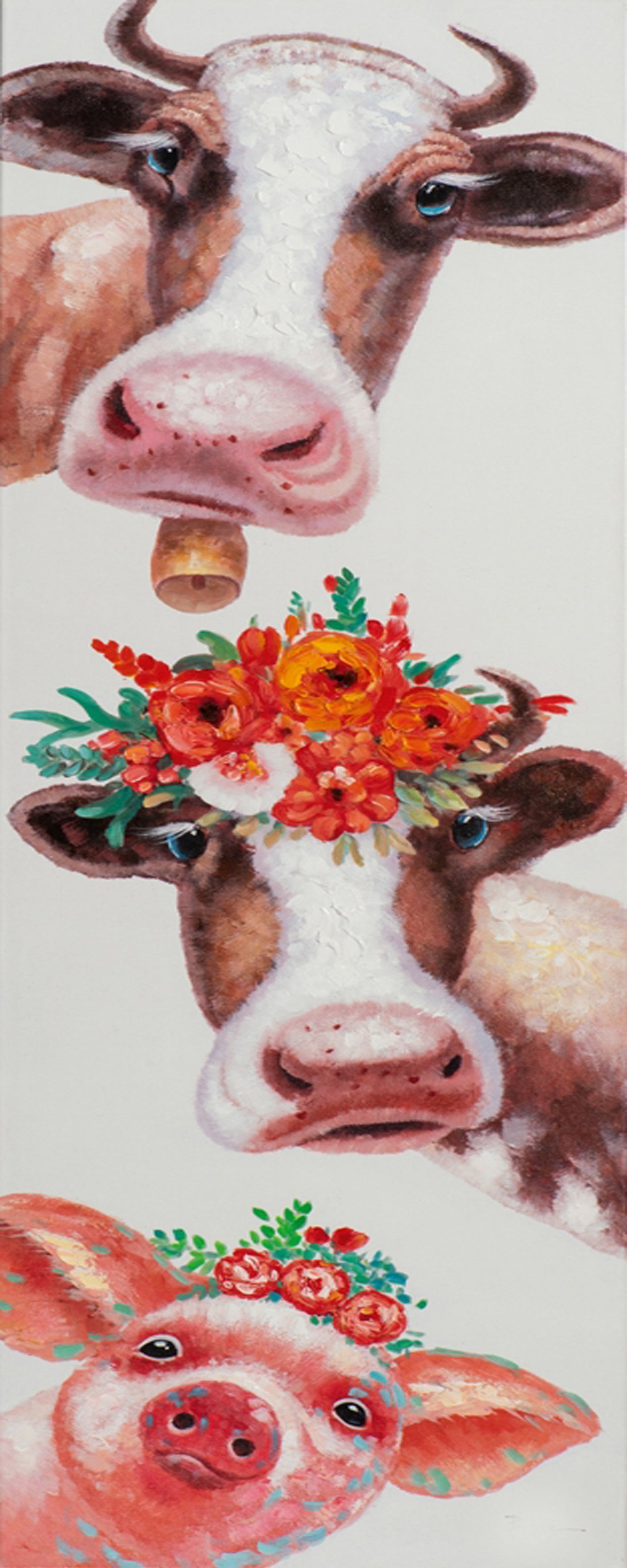 Diamond Painting von zwei Kühen und einem Schwein mit bunten Blumenkränzen auf dem Kopf im Hochformat.