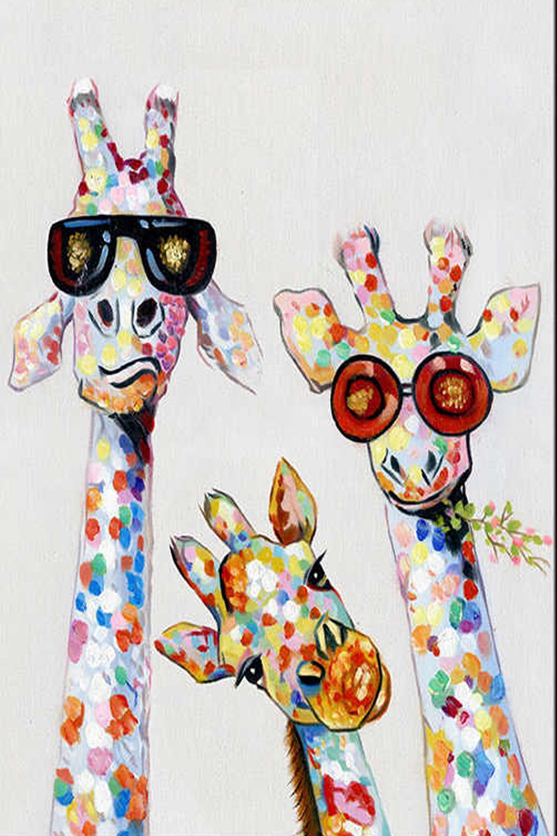 Diamond Painting von drei Giraffen mit Sonnenbrillen und bunten Farbpunkten auf weißem Hintergrund.
