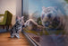 Diamond Painting eines Kätzchens, das seine Pfote an eine Scheibe legt, in der sich ein Tiger spiegelt.