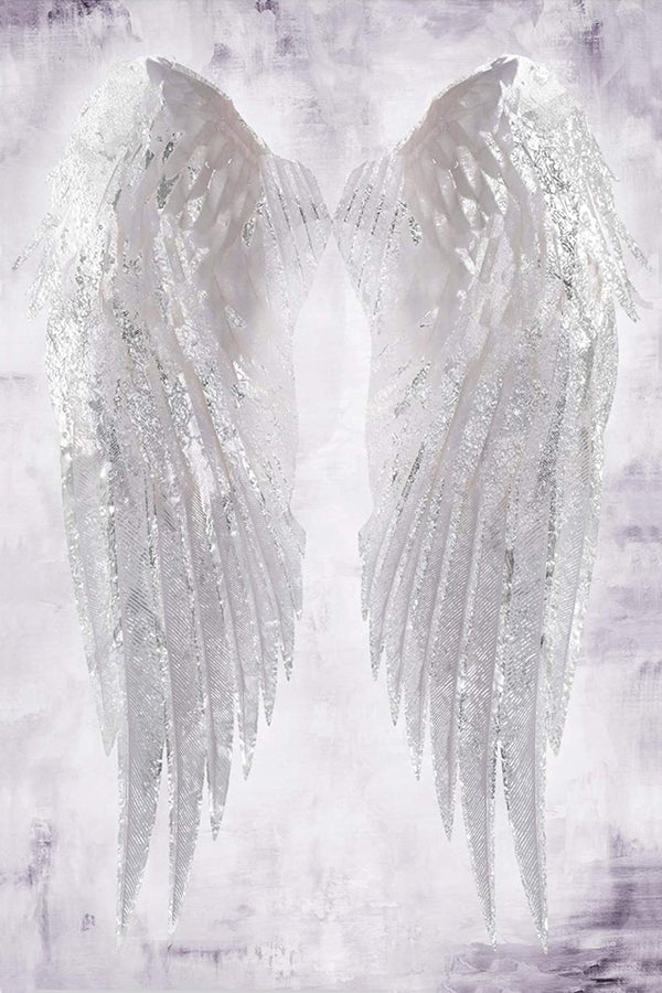 Diamond Painting von zwei großen, weißen Engelsflügeln auf einem hellen, strukturierten Hintergrund.
