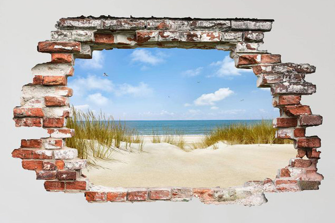 Diamond Painting eines 3D-Mauerdurchbruchs mit Blick auf einen Sandstrand, Dünen und das blaue Meer.
