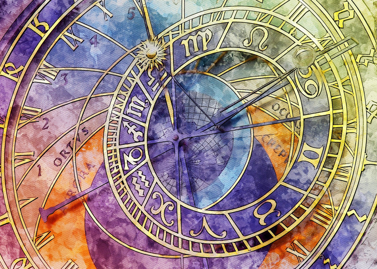 Diamond Painting mit astronomischer Uhr, Tierkreiszeichen und farbigem Aquarellhintergrund.
