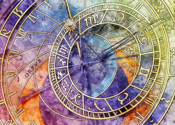 Diamond Painting mit astronomischer Uhr, Tierkreiszeichen und farbigem Aquarellhintergrund.
