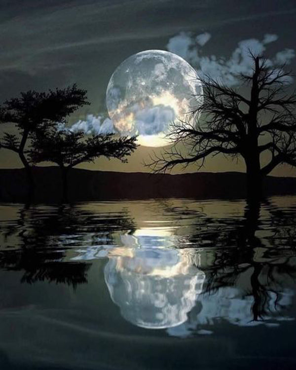 Diamond Painting mit Vollmond über stillem See und spiegelnder Wasseroberfläche bei Nacht.