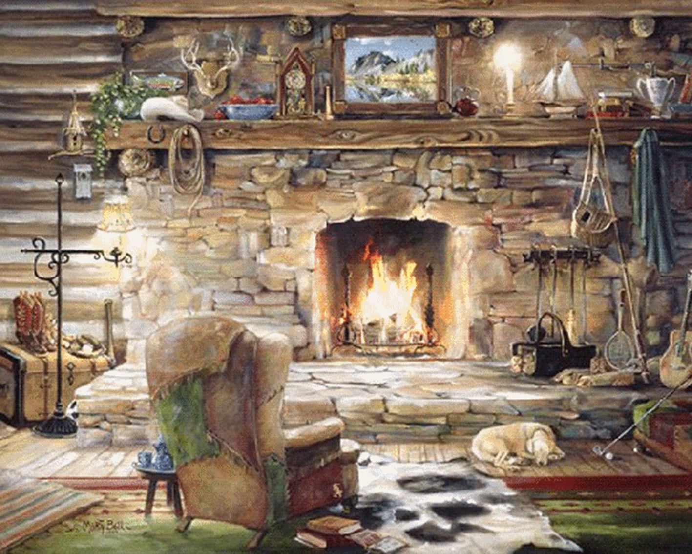 Diamond Painting mit rustikaler Berghütte, Natursteinkamin, Ohrensessel und schlafendem Hund.