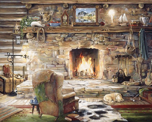 Diamond Painting mit rustikaler Berghütte, Natursteinkamin, Ohrensessel und schlafendem Hund.