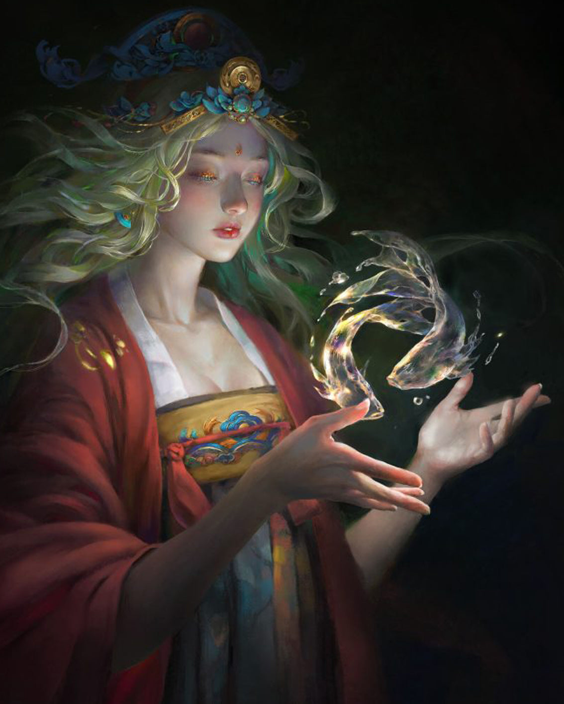 Diamond Painting mit mystischer Hüterin und zwei leuchtenden Fischen aus Wasser und Licht.