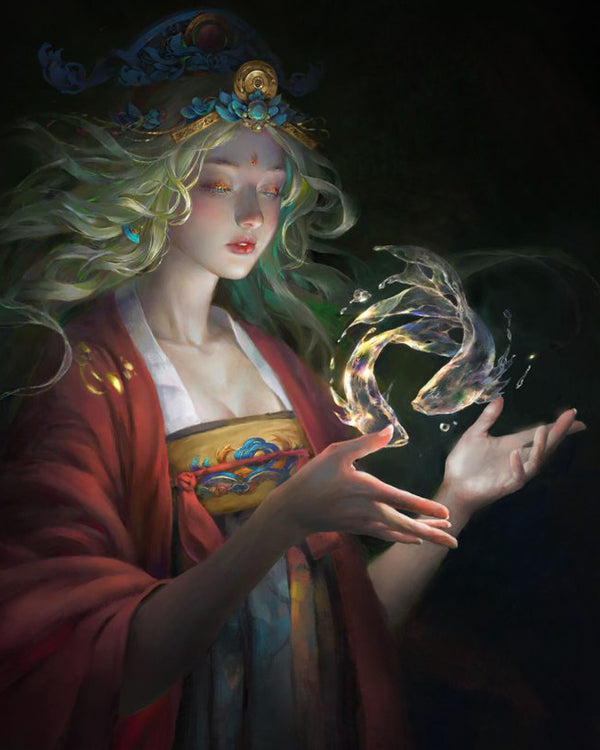 Diamond Painting mit mystischer Hüterin und zwei leuchtenden Fischen aus Wasser und Licht.