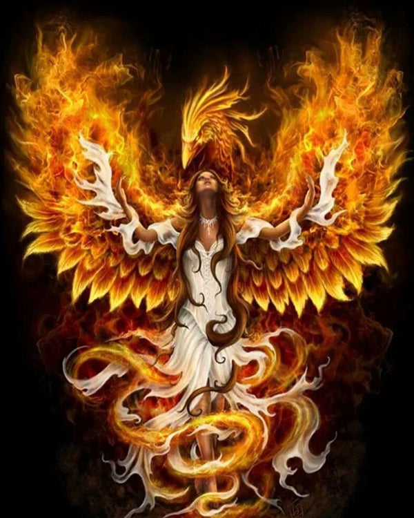 Diamond Painting mit Feuerengel und Phönix aus lodernden Flammen vor schwarzem Hintergrund.
