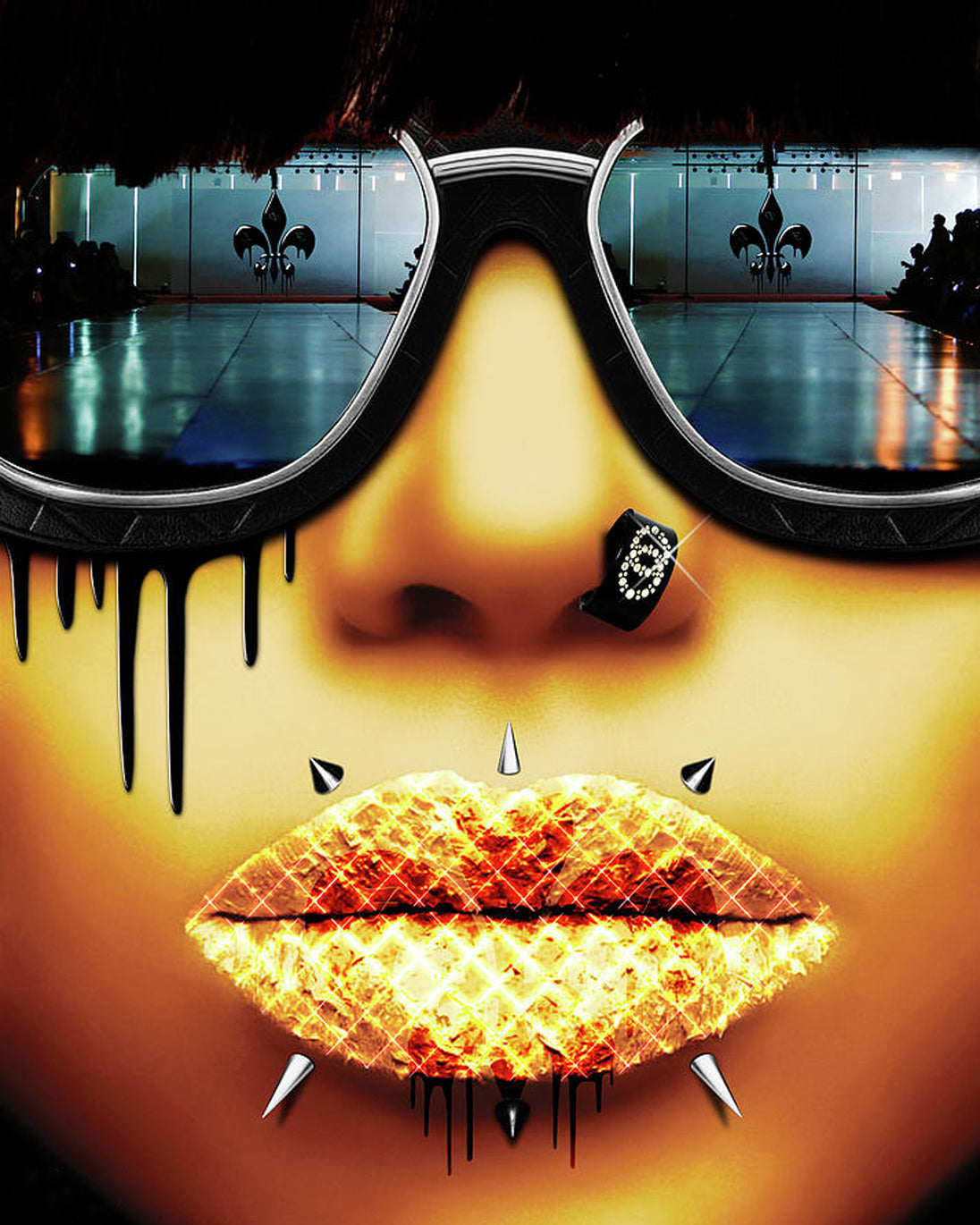 Diamond Painting mit goldenen glitzernden Lippen, Sonnenbrille und Piercings im Pop-Art-Stil.
