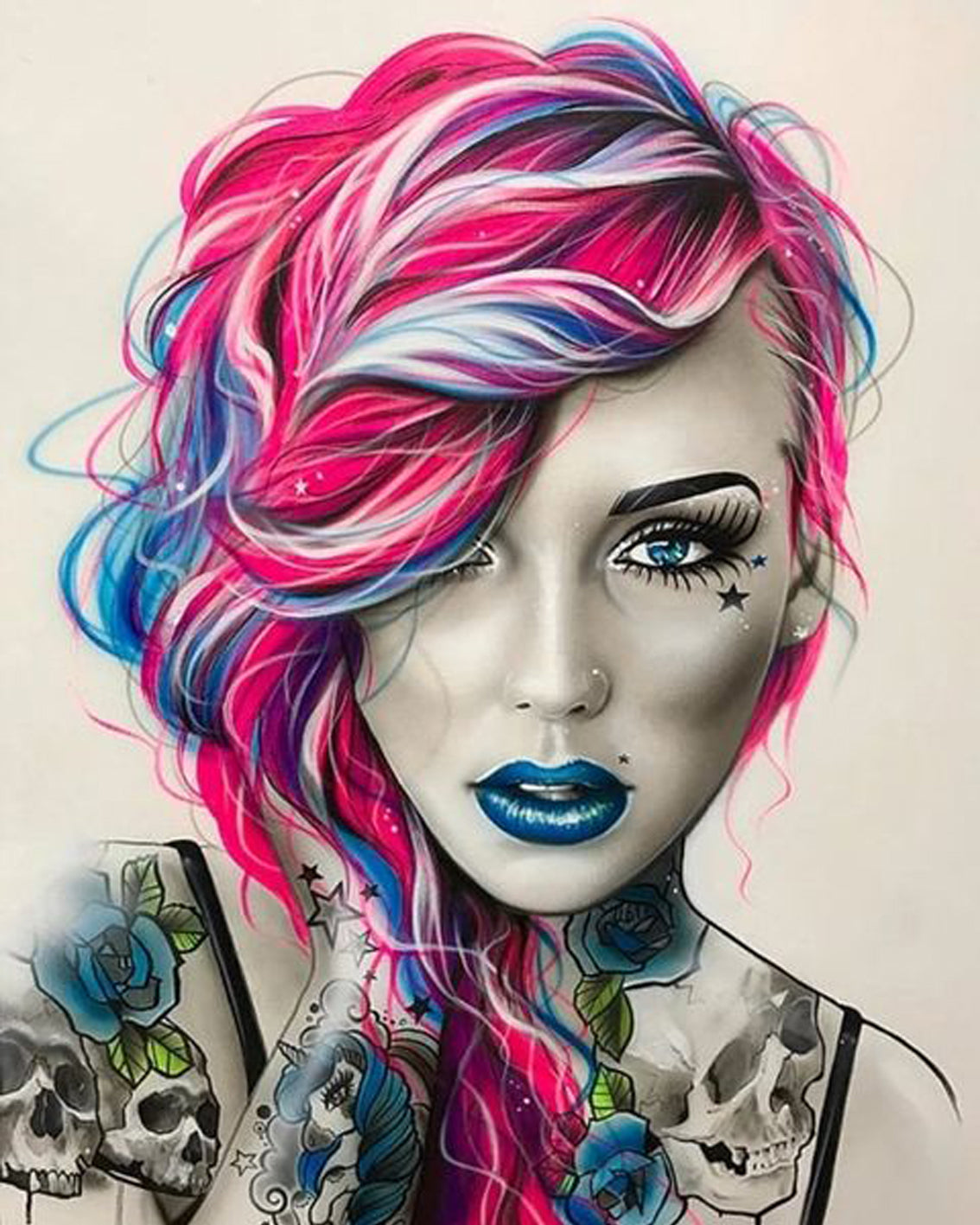 Diamond Painting mit Punk Girl, pink-blauen Haaren, Tattoos und blauen Lippen im modernen Illustrationsstil.