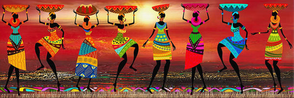 Diamond Painting Panorama von afrikanischen Frauen in bunten Kleidern, die Schalen auf dem Kopf tragen.