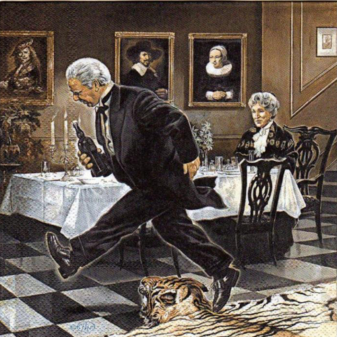 Diamond Painting Szene aus Dinner for One mit Butler James, der über einen Tigerteppich im Speisesaal stolpert.