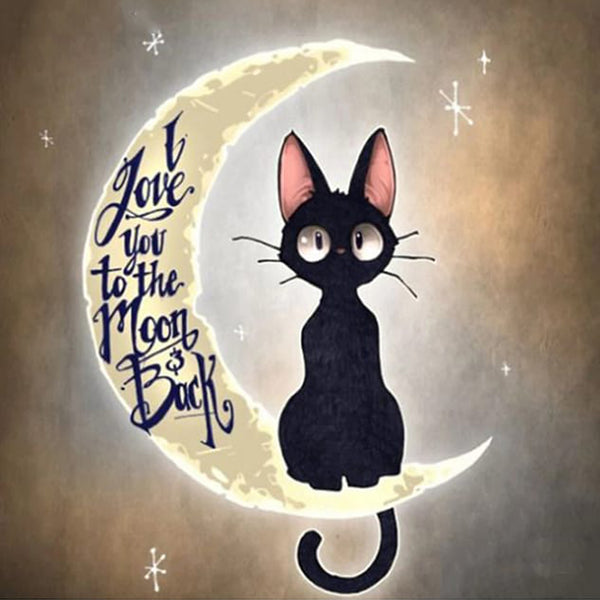 Diamond Painting einer schwarzen Katze, die in einer Mondsichel mit der Aufschrift I love you to the moon and back sitzt.