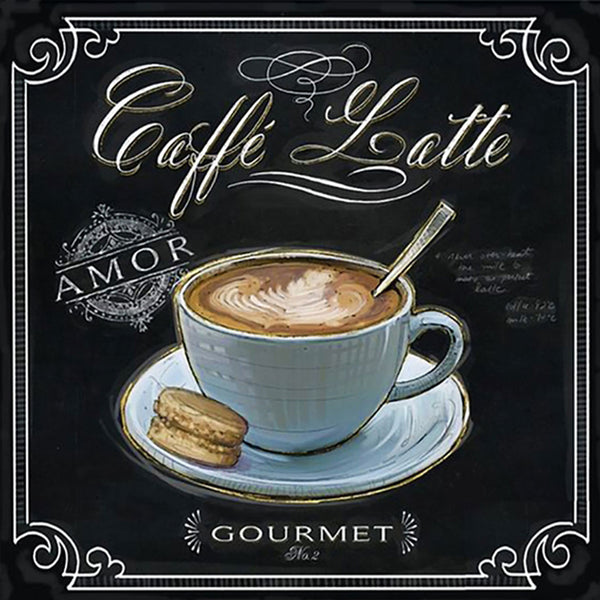 Diamond Painting im Kreidestil einer Tasse Caffè Latte mit Keks und dekorativem Schriftzug auf schwarzem Grund.
