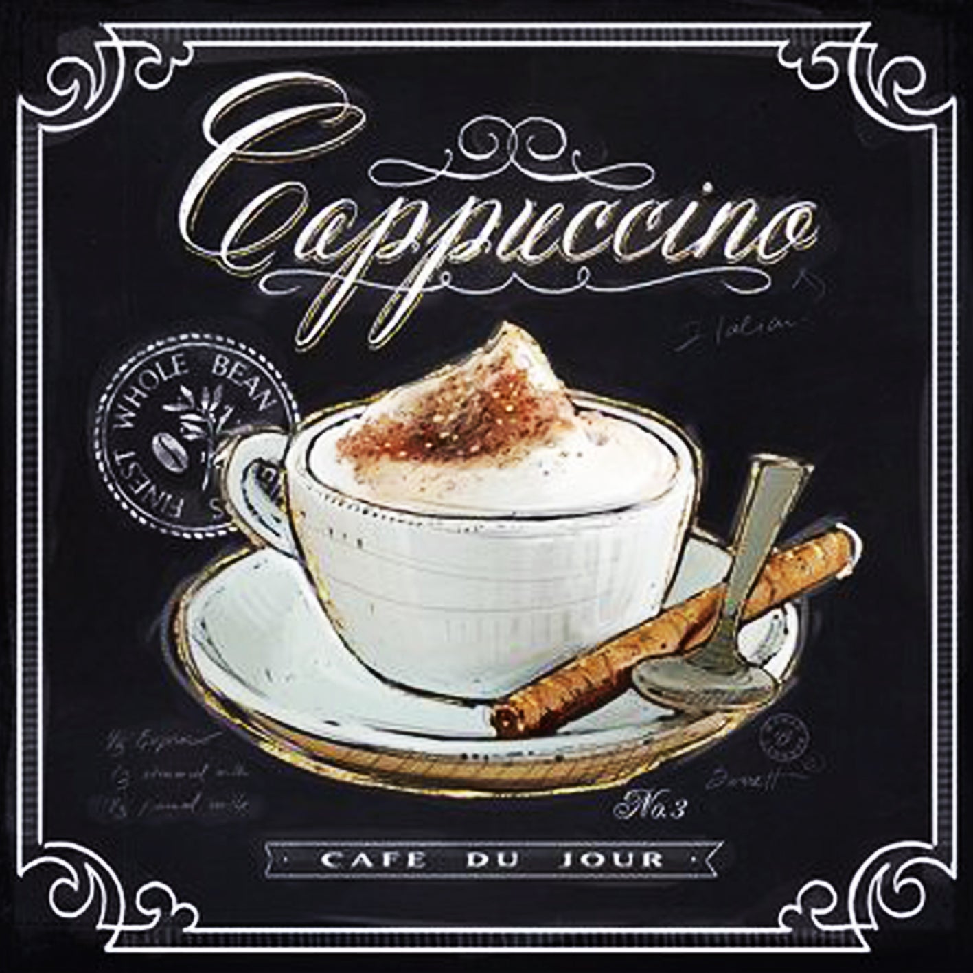 Diamond Painting Tafel-Stil mit Cappuccino-Tasse, Löffel und Zimtstange inklusive dekorativer Schriftzüge.
