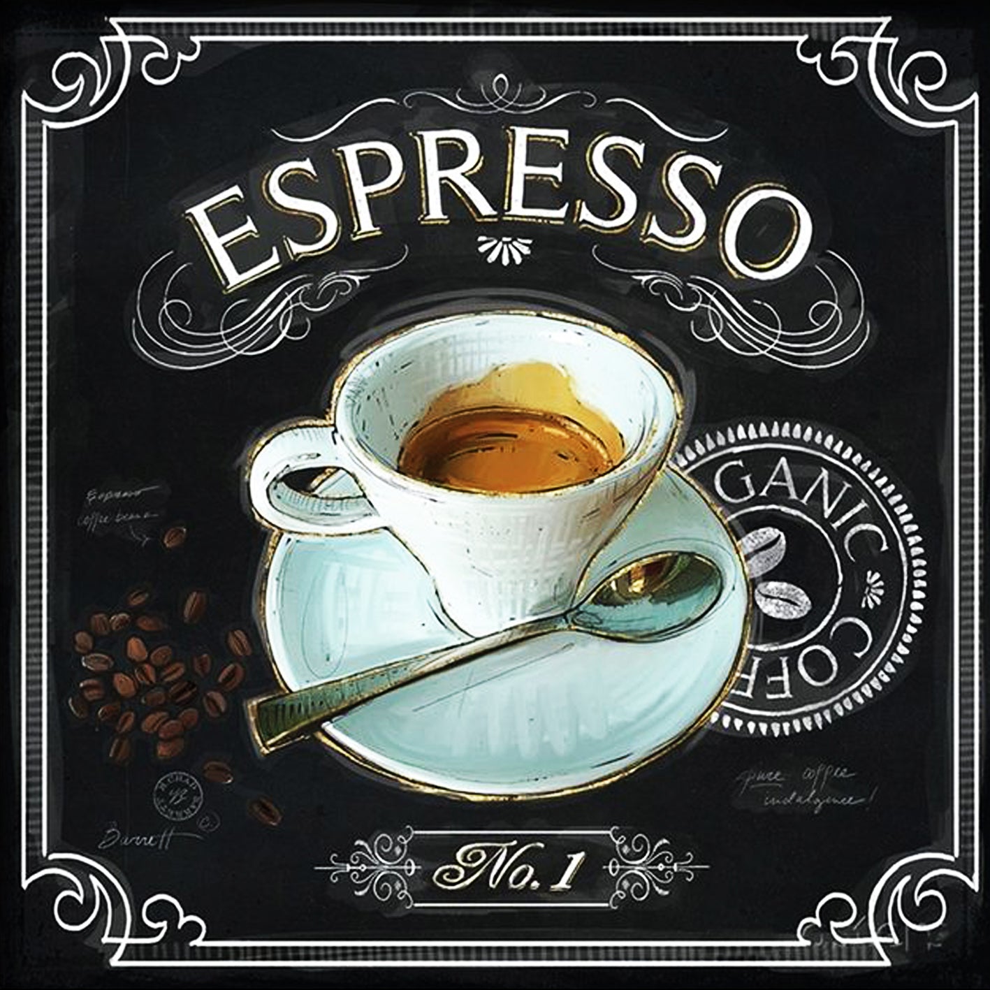Diamond Painting Grafik einer Espresso-Tasse mit Kaffeebohnen und Löffel im Kreide-Design auf schwarzem Untergrund.
